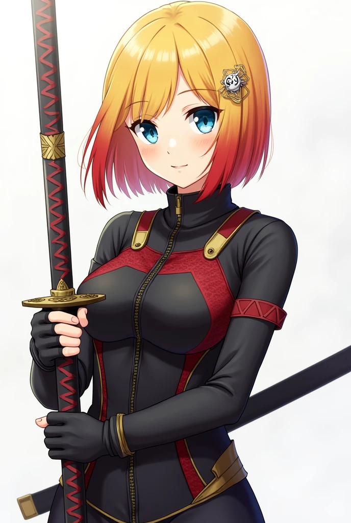 A full-body portrait of a female ninja named Hikari with shoulder-length hair featuring a gradient from bright yellow at the roots to red at the tips. Her hair is styled in a modern way, with bangs slightly falling over her forehead, giving her a youthful and energetic look. Hikari has intense blue eyes. She is wearing a tight-fitting black jacket with red accents, reinforced with straps on her shoulders and mesh fabric around the chest area for protection while maintaining flexibility. The jacket has elegant golden decorations along the edges. On her left arm, she wears a band with the Uzumaki clan symbol, and her hands are covered with black fingerless gloves for better handling of her katana. Hikari wears fitted pants and ninja sandals, ready for combat. She has a small spiral-shaped brooch in her hair in red and black tones, holding part of her hair to one side. She is firmly holding her katana, a sword with a handle wrapped in black fabric with red details, and an ornate guard with gold engravings. The katana features a dial with 12 functions, with the number 11 marked by a special symbol indicating its unique function. The blade is long, sharp, and reflects her expert use in combat.