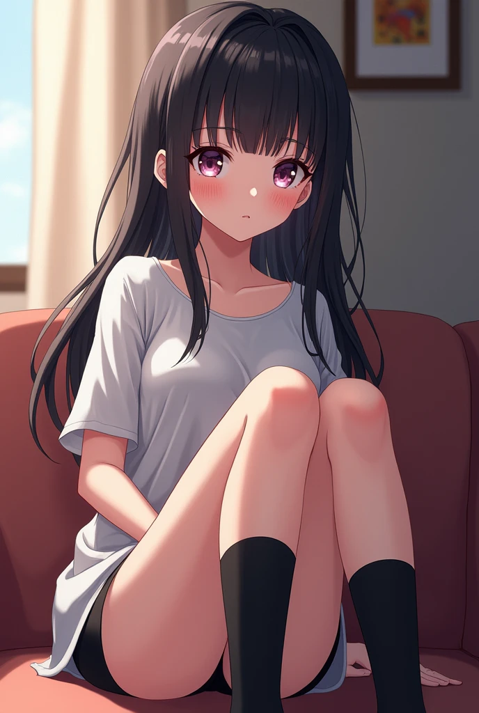 A 16 year old girl, in the anime style of the Seinen Genre. 

Her Appearance: she has long dark hair with bangs,Serene and seductive eyes of lilac pink color,Light skin color and she has a mole below her left eye. 

She is wearing only a loose white T-shirt., a pair of black socks and black panties. 

She is on top of a sofa in a stoic position.. 

She&#39;s making a naughty face. 