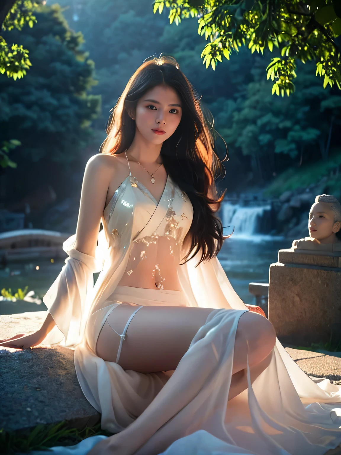 Light lines form shapes,fox, bokeh dark forest grave background,4K resolution,Ancient Chinese Women, female god, The gods, 25 years old, Handsome and sexy,white silk gauze,Golden Angel Dress,Exquisite clothing styles,Beautiful real jade pendant,Barefoot,bare shoulders,Reveal your navel,Date and time,Under your feet there are clouds and mist., fly in the sky,fly in the sky,float,calm and indifferent, detailed body, detailed face, The body is greasy.,smile a little, A beautiful one, Exaggerated, Handsome and charming, Looks brave., long hair fluttering,ผมfloat,It has a long bang.,Incredible amount of hair,Hair flowing,Ambient light,Detailed sky background,Surrounded by clouds,Volumetric illumination,Cell shading, (nsfw:1.2)