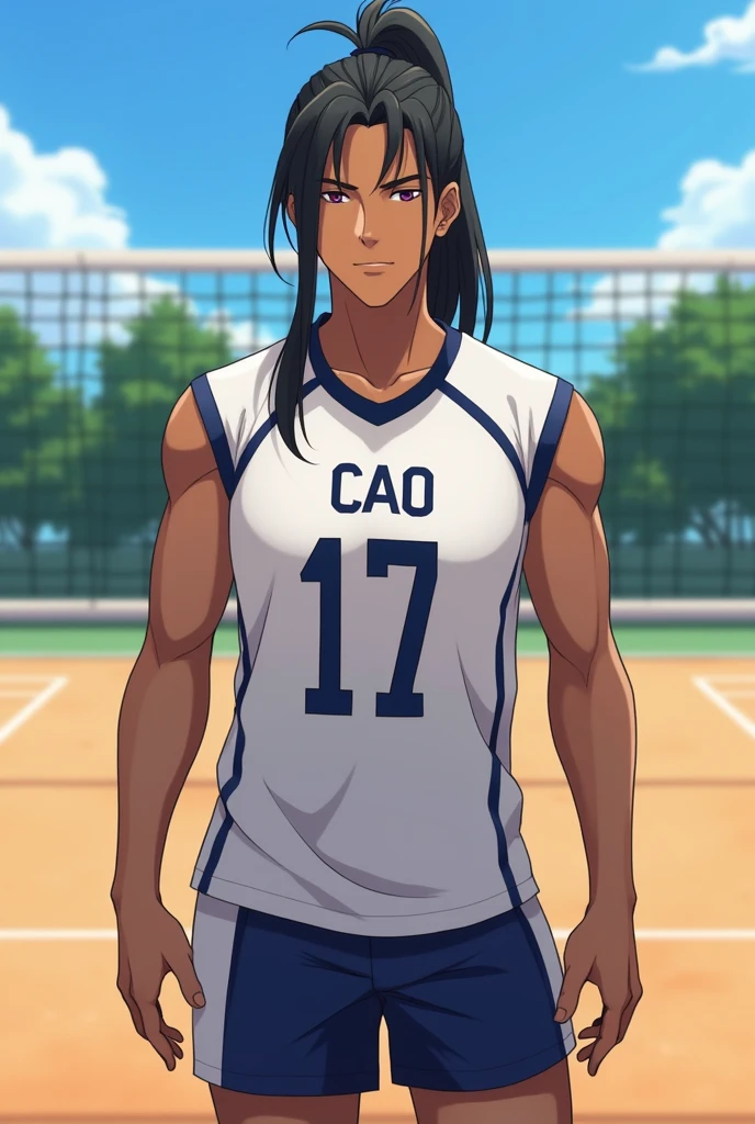 17 year old person, dark-skinned , wearing a black colored ponytail cut, Cao Cao, athlete physique, wearing volleyball uniform, on a volleyball court, anime styling, naughty man