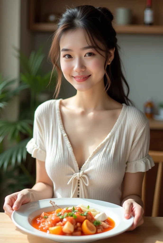 A beautiful and clear-skinned woman、ponytail、bright、Dress neat and clean、front、Big Breasts、Short sleeve knit、During meals、Seafood