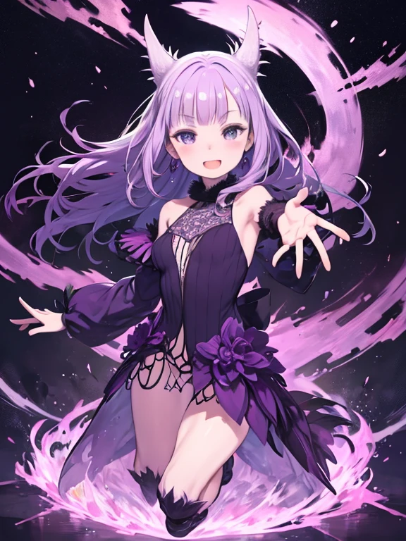 Ghost, (monster Girl), Purple skin, spike, Spiky purple hair, Caught Laughter, Floating Hand, Wearing a deep purple dress, Floating in the air, masterpiece, Highest quality