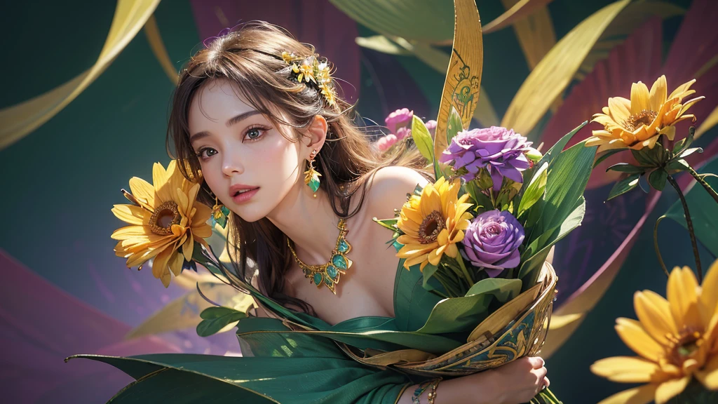 32K, 最高quality, 最高masterpiece, (ultra-Detailed Background, Detailed Background), High resolution, Super detailed, Very detailedな, One girl, (bouquet:1.3), (Tangled:1.2), (Geometric:1.2),(colorful),(masterpiece, quality, best quality, Official Art, Beautiful and beautiful:1.2), (1 girl:1.3), Very detailed,(colorful:1.1)(Flowers:1.3),Most detailed,(Tangled:1.2), whole body, (Abstract background:1.3), (Skin glows), (Many colors:1.4), ,(Earrings Jewelry:1.5), Light green background,