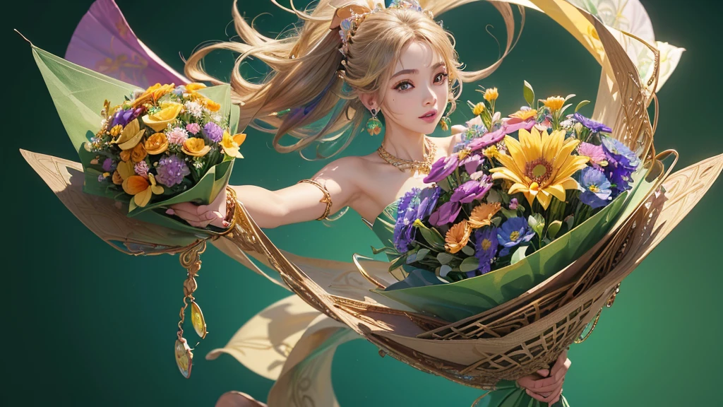 32K, 最高quality, 最高masterpiece, (ultra-Detailed Background, Detailed Background), High resolution, Super detailed, Very detailedな, One girl, (bouquet:1.3), (Tangled:1.2), (Geometric:1.2),(colorful),(masterpiece, quality, best quality, Official Art, Beautiful and beautiful:1.2), (1 girl:1.3), Very detailed,(colorful:1.1)(Flowers:1.3),Most detailed,(Tangled:1.2), whole body, (Abstract background:1.3), (Skin glows), (Many colors:1.4), ,(Earrings Jewelry:1.5), Light green background,