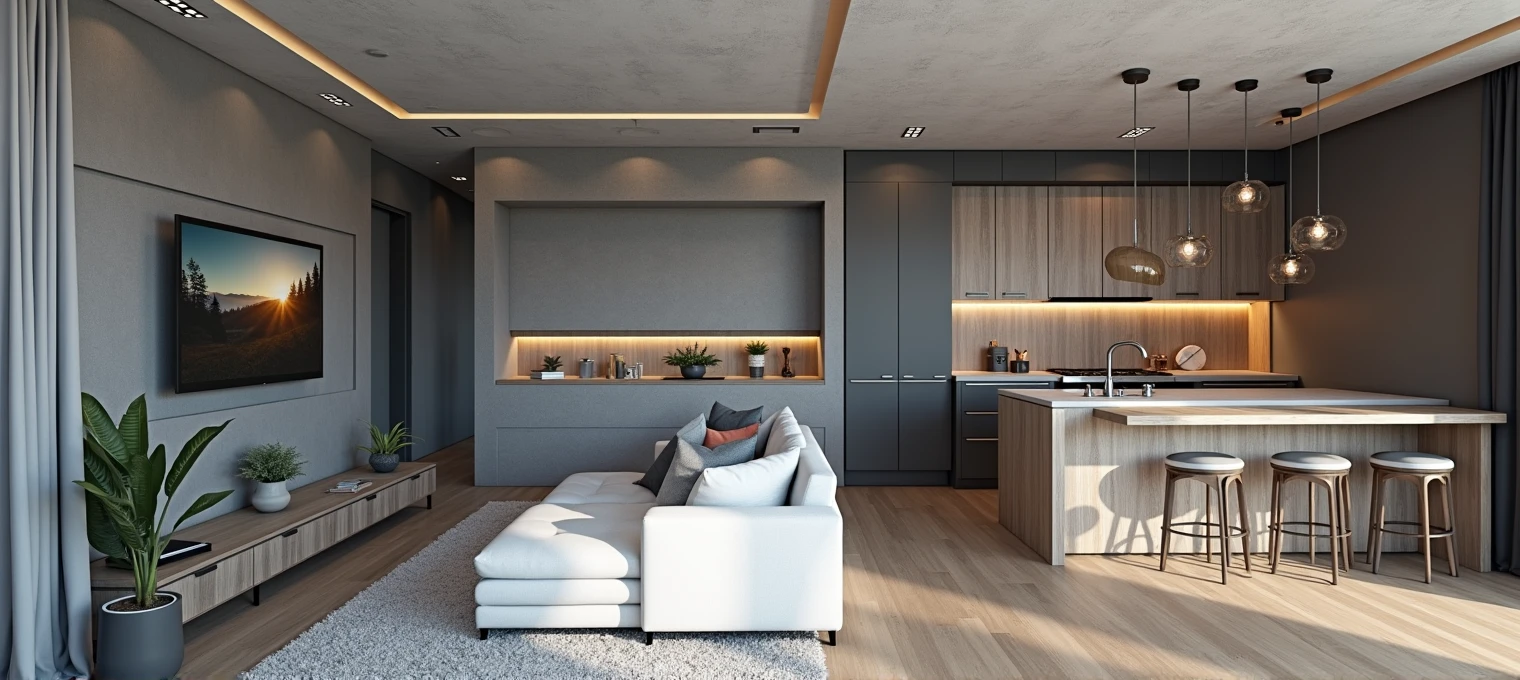 Image of an interior space of a room, conical and dining room in a single room of 12 meters long by 2,8 meters wide.
The distribution of space is as follows:
* 1 a room 3m long by 2m,8 meters wide.
* 1 kitchen 3 meters long by 2,8 meters wide
* 1 room with 3 meters wide by 2.8 meters wide con un televisor de 70 en una pared y un sofá de tres puestos frente al tv.
The predominant colors of the room are the black ceiling and the walls with shades of gray and wood with LED lighting.