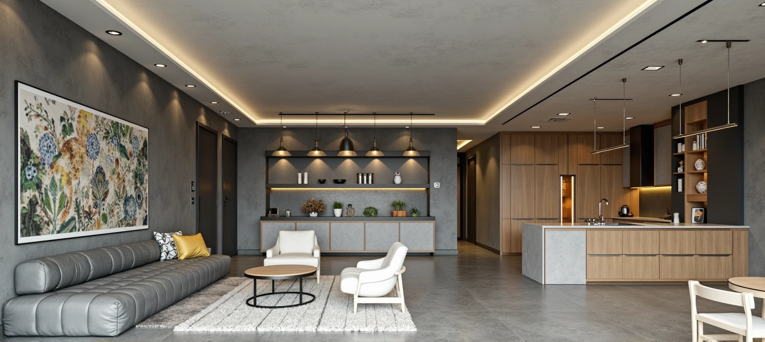 Image of an interior space of a room, conical and dining room in a single room of 12 meters long by 2,8 meters wide.
The distribution of space is as follows:
* 1 a room 3m long by 2m,8 meters wide.
* 1 kitchen 3 meters long by 2,8 meters wide
* 1 room with 3 meters wide by 2.8 meters wide con un televisor de 70 en una pared y un sofá de tres puestos frente al tv.
The predominant colors of the room are the black ceiling and the walls with shades of gray and wood with LED lighting.