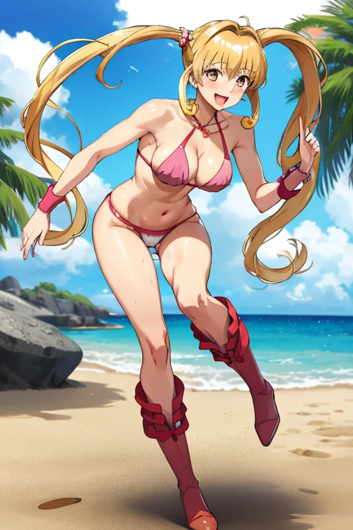 masterpiece, best quality, beautiful art, high resolution, well formed hands, body and fingers, 1 woman, solo, Nanami Lucia, , twin tails, blonde, 31 years old, full body picture, grown up, adult, large and rounded breasted, cleavage, hair ornament, wearing a Tyris Flare outfit , white_bikini, full body, sexy and skimpy bikini, gorgeous hips, legs and thighs bouncing breasts, red boots, dancing seductively and erotically, turning backwards and forwards, bikini thong, shaking her body alluringly, smiling joyfully, looking at the viewer, sweating , flirting, beach environment