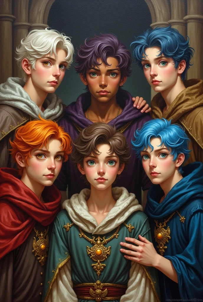 Create a painting made of five young men aged 20 years old, that they are friends, They have medieval appearance and clothes, make one according to it. next and respect the Colors, The first one must be platinum hair, light gray eyes. Pale skin. The second of Dark Purple Hair, emerald green eyes. Brown skin. The third of fiery orange hair, amber or golden eyes. Brown skin. Light Blue Hair&#39;s Room, stormy grey eyes. Pale skin y el quinto de Cabello azul marino , light blue eyes. White skin 
