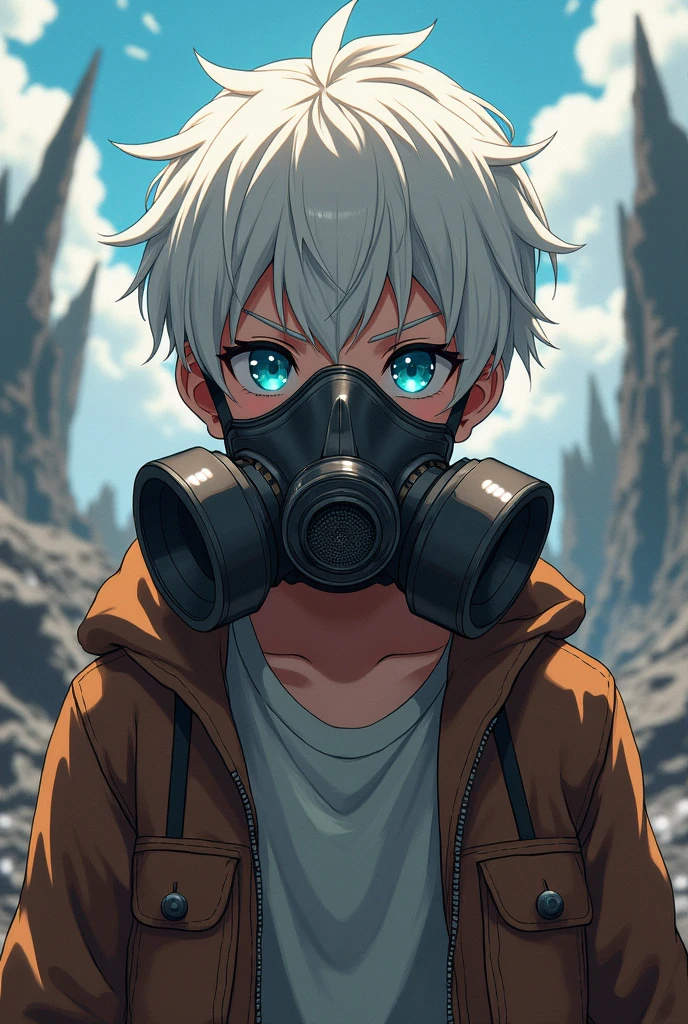 Anime boy wearing a half face steampunk gas mask and a attack on titan inspired clothing in a apocalyptic attack on titan setting background with white hair and blue eyes and pale skin