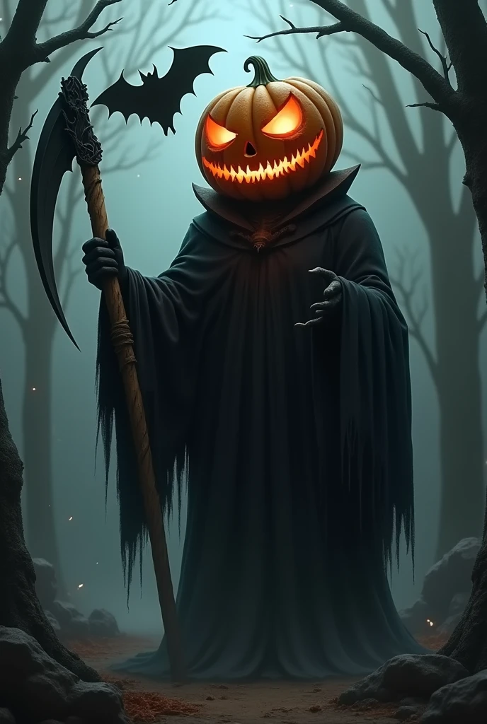 A big-faced Jack-o&#39;-lantern ghost wearing a black cloak, carrying a large scythe, and accompanied by a bat