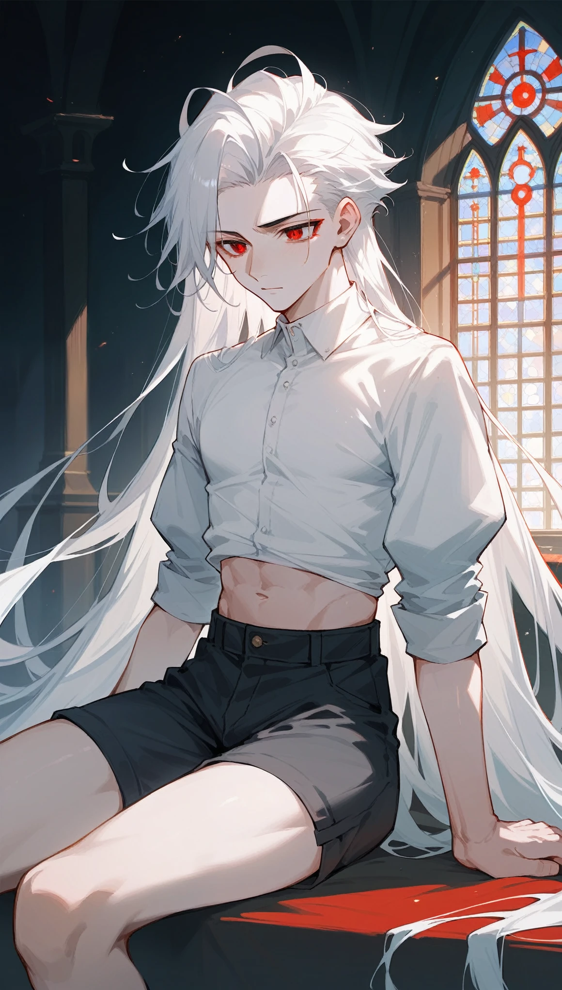 A boy with very long white hair slicked back. He had white skin, red eyes, and wore a puffy-sleeved shirt and thigh-skimming shorts. He was sitting in a church pew, holding many hares.