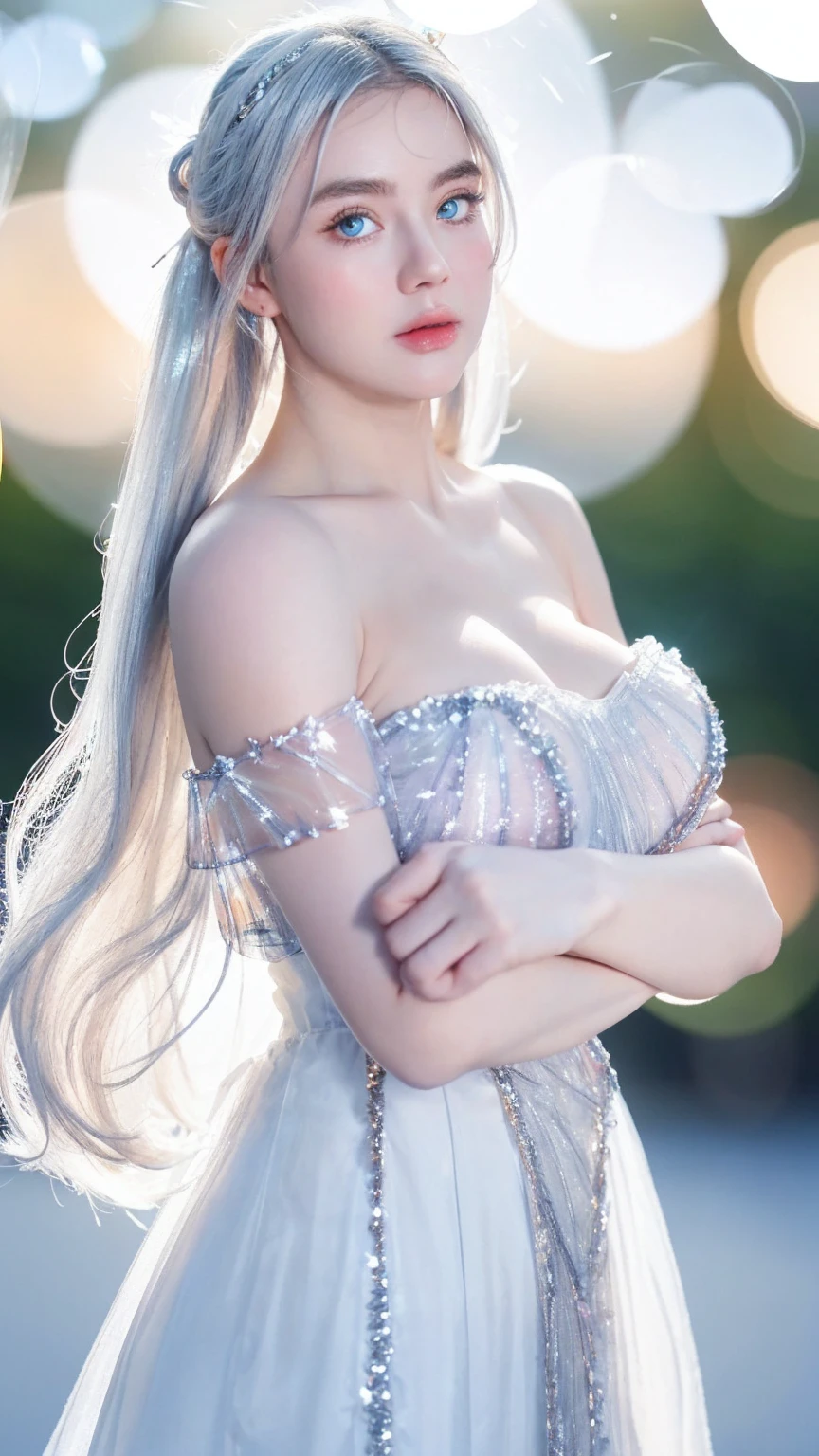 Georgeous, Beautiful, Cute, Baby Face, 18 Years Old, White Skin, Cleavage, ((Large Colossal Breast:1.3)), Sleeveless, Off Shoulder, Strapless, ((Transparent:1.3)), ((White Long Lolita Dress)), (Embroidery), Posing, ((Silver Hair)), ((Bright Blue Eye)), ((Muscles:1.3)), ((Bokeh:1.3)), Animal Farmer Background, Masterpiece, Twintails, bigger breasts