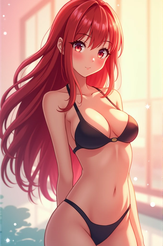 Anime girl with long red hair, wearing a sexy bikini