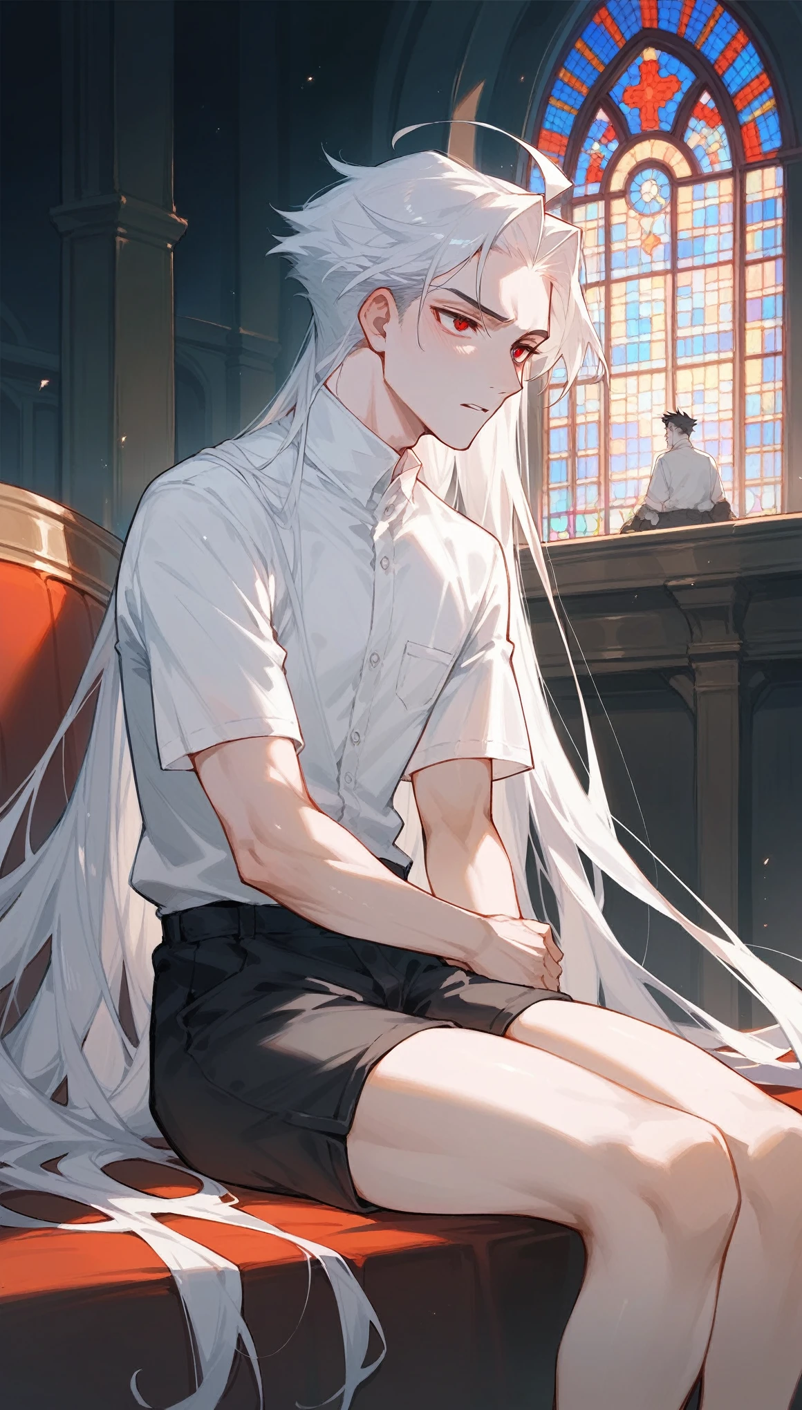 A boy with very long white hair slicked back. He had white skin, red eyes, and wore a puffy-sleeved shirt and thigh-skimming shorts. He was sitting in a church pew, holding hares in his arms.