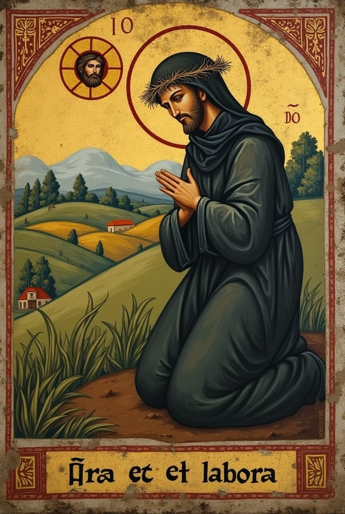 Ancient medieval icon from 200 d.c ,Benedictine monk working in a field praying very humbly, com só rosto de senhor Jesus cristo acima com sua coroa de espinhos no lugar do sol, with writings right below ore et labore