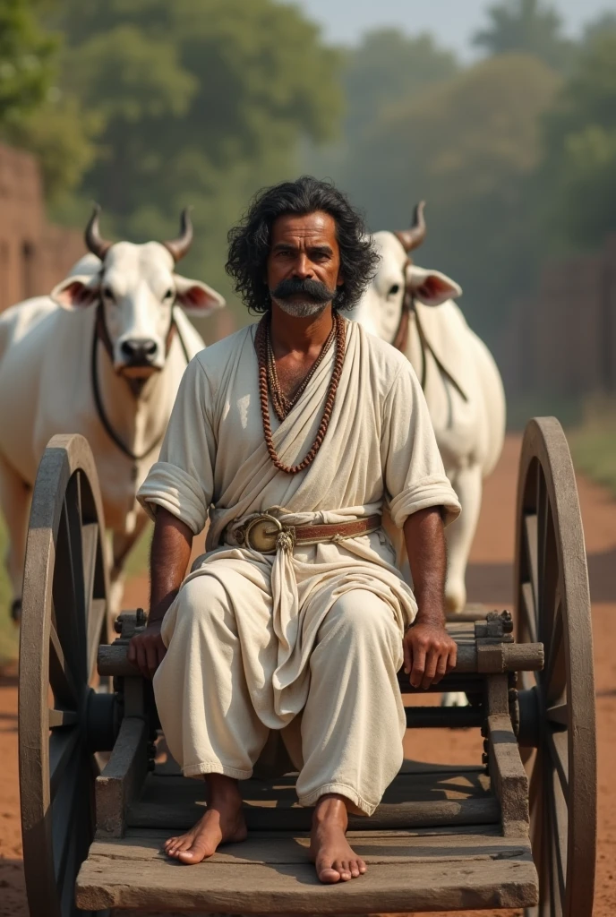 18th century big moustached 40 year old Indian man in brown complection without shit wearing a cotton dhothi is placed on a wooden cannon cart wheel pulled by two white Indian bulls