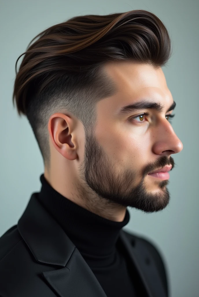 A man who has side burns, with a fade behind his ears and pulled back hair. Head is showing his hair from the side