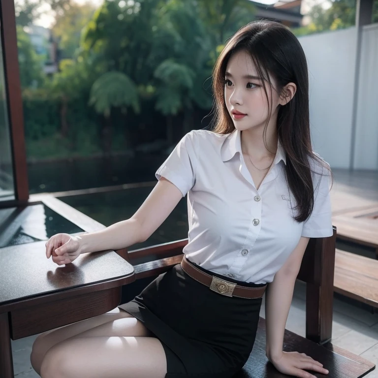 Pretty thai woman Reaching out to grab a glass of water , (8k, best quality, masterpiece, ultra highres:1.2) Photo of Pretty thai woman beautiful, beautiful enchanting fashion contemporary painting with , (1girl), (white shirt short sleeves), ((black pencil skirt)), belt , , blonde hair, , realistic skin texture , round chin, 85 mm art lens, f 1. 2, sharp focus, 8 k high definition, insanely detailed, intricate, elegant, large breasts, big breasts , black skirt