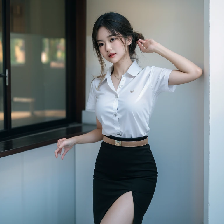 Pretty thai woman Reaching out to grab a glass of water , (8k, best quality, masterpiece, ultra highres:1.2) Photo of Pretty thai woman beautiful, beautiful enchanting fashion contemporary painting with , (1girl), (white shirt short sleeves), ((black pencil skirt)), belt , , blonde hair, , realistic skin texture , round chin, 85 mm art lens, f 1. 2, sharp focus, 8 k high definition, insanely detailed, intricate, elegant, large breasts, big breasts , black skirt