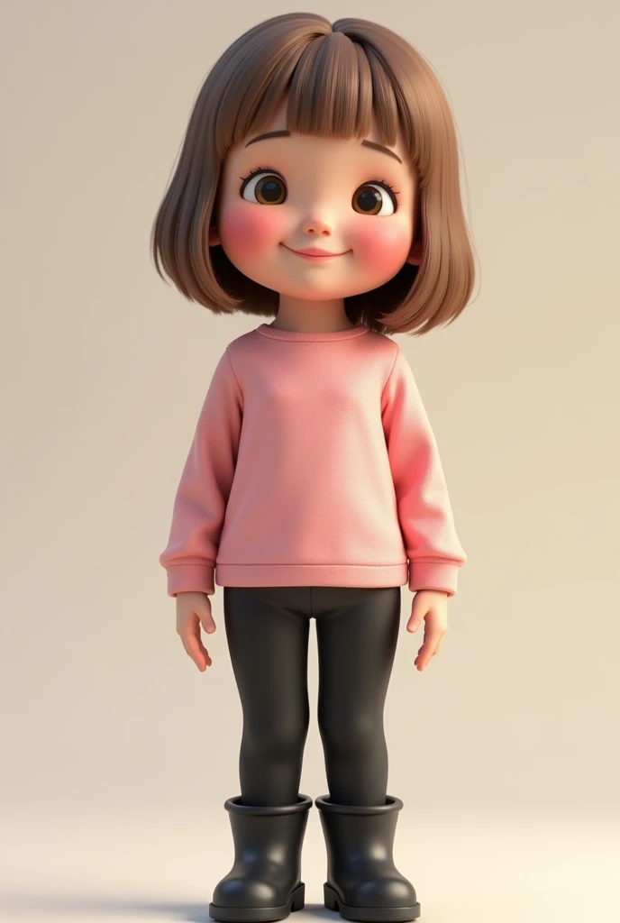 3D image of a 5 year old child full body. Wearing a pink blouse and black pants, she has light brown hair and eyes., small nose and white skin. Straight hair on the side and loose with bangs. Slanted eyes and smiling. Slightly arched eyebrow. black boot 