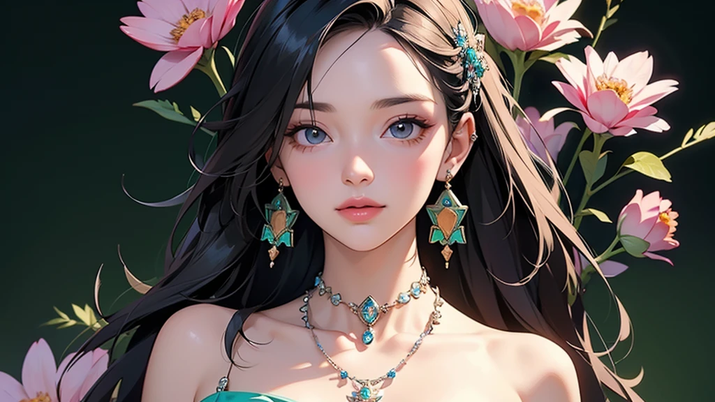 32K, 最高quality, 最高masterpiece, (ultra-Detailed Background, Detailed Background), High resolution, Super detailed, Very detailedな, One girl, (bouquet:1.3), (Tangled:1.2), (Geometric:1.2),(colorful),(masterpiece, quality, best quality, Official Art, Beautiful and beautiful:1.2), (1 girl:1.3), Very detailed,(colorful:1.1)(Flowers:1.3),Most detailed,(Tangled:1.2), whole body, (Abstract background:1.3), (Skin glows), (Many colors:1.4), ,(Earrings Jewelry:1.5), Light green background,
