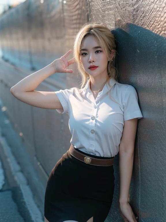 Pretty thai woman Reaching out to grab a glass of water , (8k, best quality, masterpiece, ultra highres:1.2) Photo of Pretty thai woman beautiful, beautiful enchanting fashion contemporary painting with , (1girl), (white shirt short sleeves), ((black pencil skirt)), belt , , blonde hair, , realistic skin texture , round chin, 85 mm art lens, f 1. 2, sharp focus, 8 k high definition, insanely detailed, intricate, elegant, large breasts, big breasts , black skirt