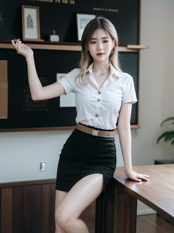Pretty thai woman Reaching out to grab a glass of water , (8k, best quality, masterpiece, ultra highres:1.2) Photo of Pretty thai woman beautiful, beautiful enchanting fashion contemporary painting with , (1girl), (white shirt short sleeves), ((black pencil skirt)), belt , , blonde hair, , realistic skin texture , round chin, 85 mm art lens, f 1. 2, sharp focus, 8 k high definition, insanely detailed, intricate, elegant, large breasts, big breasts , black skirt