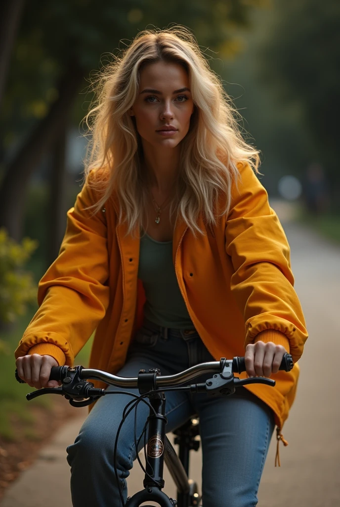 ((Long shot)) Blonde influencer with long, naturally wavy hair, Medium height, has big breasts, a fit body, she is riding her bike in the park at night, Combines classic streetwear pieces, Like sneakers, sweatshirts or jeans, with high quality accessories such as designer bags or luxury watches to create a modern and stylish look, eye-catching, 8k, super detailed, realistic, details Intricate, realistic skin texture, realistic hair, texture, fun, 8k uh, best quality, high resolution, attention to detail, very large breasts, long range, wide angle