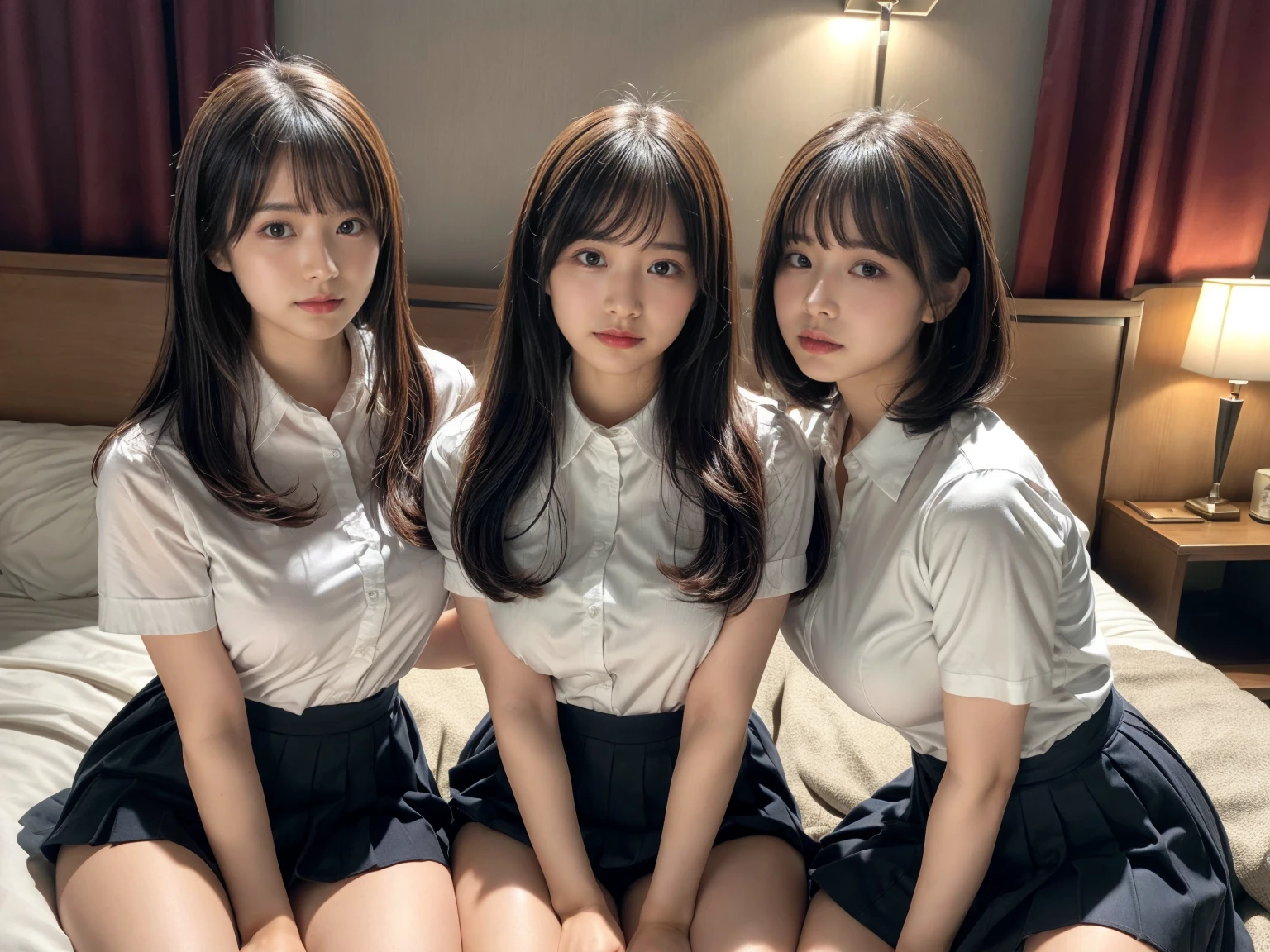 masterpiece, best quality, illustration, Super detailed, fine details, High resolution, 8K,wall paper, perfect dynamic composition,(Details High quality, realistic depiction of eyes:1.3), (3 girls), (collared shirt:1.1), pleated skirt, knee high socks, sitting, open legs, short bob hair, in a hotel room in the background, deep on field, large breasts, black hair color, Big Natural Color Lip, (perfect body shape), crying a little、Harajuku style、20 year old girl、cute type、beautiful legs, Gravure Idol