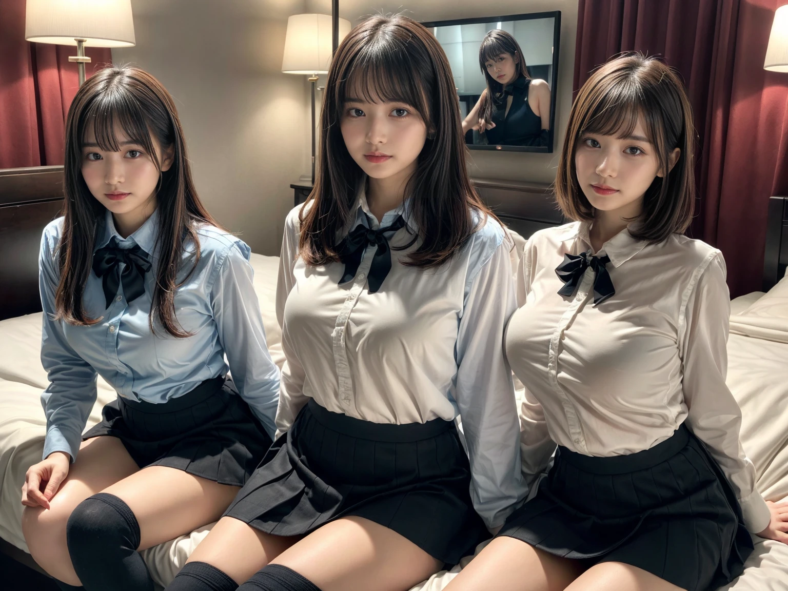 masterpiece, best quality, illustration, Super detailed, fine details, High resolution, 8K,wall paper, perfect dynamic composition,(Details High quality, realistic depiction of eyes:1.3), (3 girls), (collared shirt:1.1), pleated skirt, knee high socks, sitting, open legs, short bob hair, in a hotel room in the background, deep on field, large breasts, black hair color, Big Natural Color Lip, (perfect body shape), crying a little、Harajuku style、20 year old girl、cute type、beautiful legs, Gravure Idol