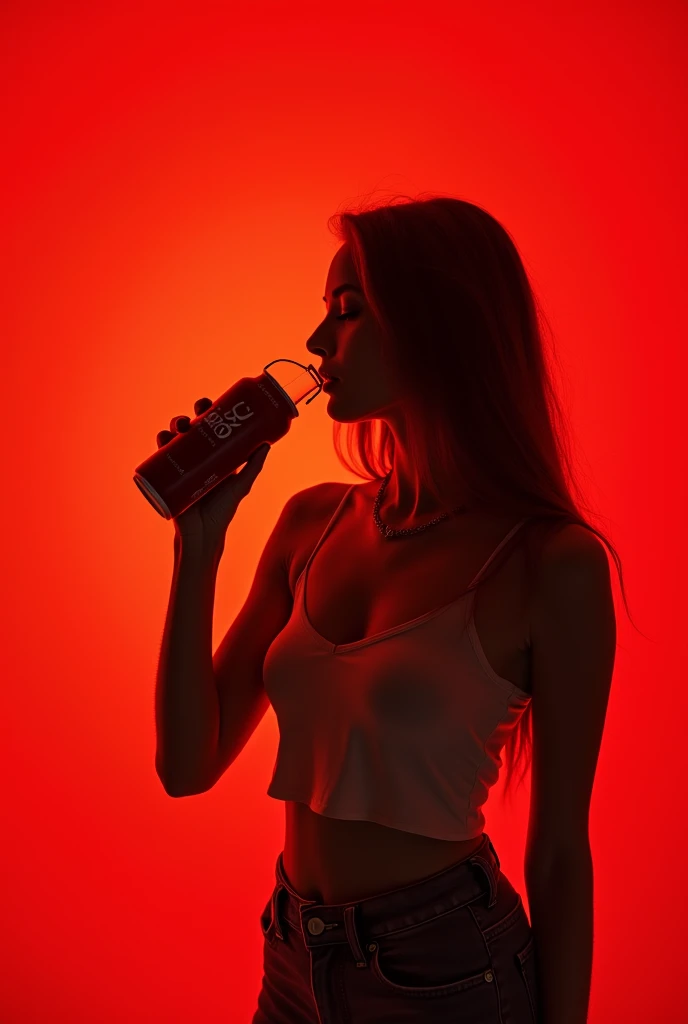 girl standing drinking coke with red background








