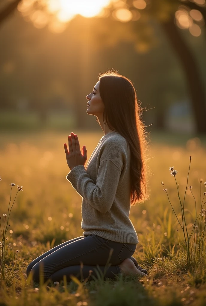 An image of a woman kneeling in prayer, plein-air, Demonstrating Your Devotion to God