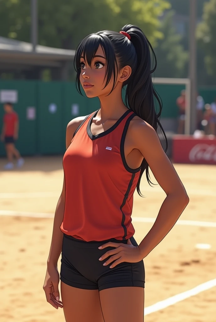 17 year old person, dark-skinned , wearing a black colored ponytail cut, Cao Cao, athlete physique, wearing volleyball uniform, on a volleyball court,
, naughty man