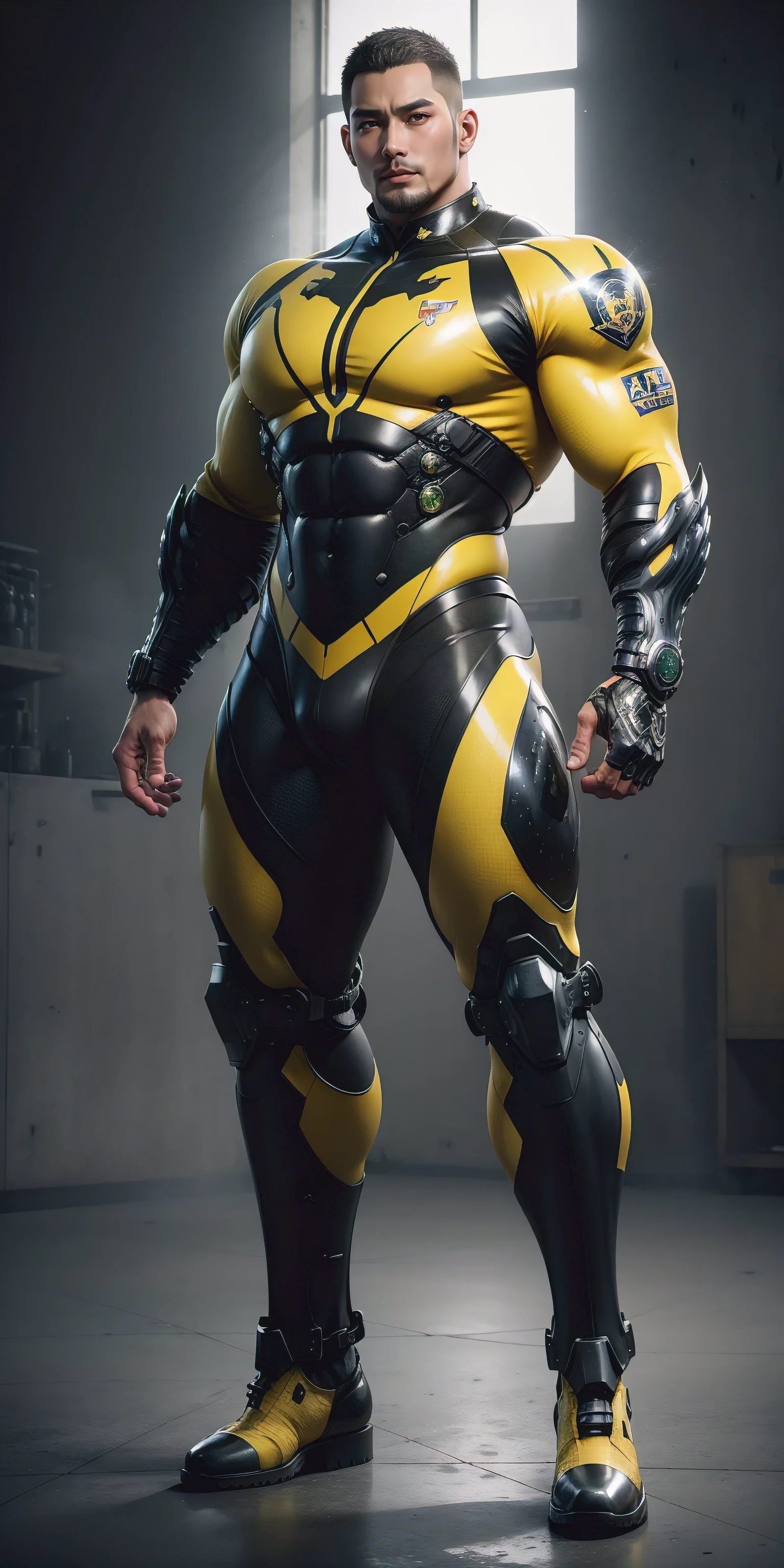 Tall giant muscular police officer，Yellow and black camouflage patterned nano mecha，Honeycomb pattern，Lightweight texture，Character Concept（Resident Evil - Chris Redfield，Chris Redfield）senior police officer，Small grid texture，Regular symmetrical texture pattern，Sad expression，Deep and charming eyes，Standing in a bright mechanical laboratory，Emerald Eyes Hero，Heroic male pose，Tall burly，muscular！Attractive leg muscles，High target, Burly, Heqiang，  Super Buff and Coolness， High Resolution Committee， Bigfoot yellow-gray ultra-thin nano-mechanical boots，Charismatic strongman，The bright sunshine shines on you，Matte particles，Shiny texture