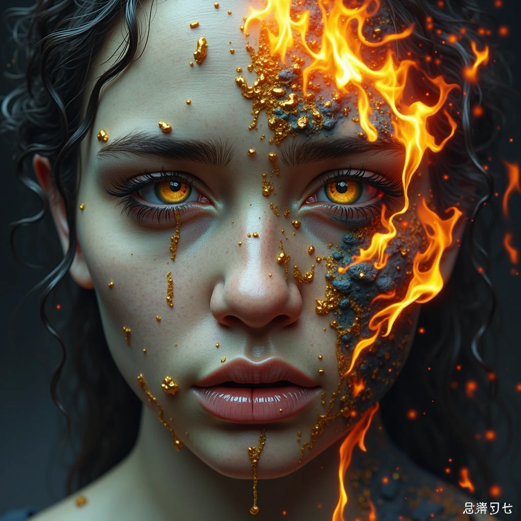 a portly, white-bearded man, spectacles,wear indigo torn pajamas , creates and destroys hands, one eye shedding tears of beauty and light, the other crying flames that incinerate and consume, representing the dual forces of creation and destruction. Settings: Ultra-detailed , realistic photography concept art, dynamic movement pose ,hug a chubby corgi