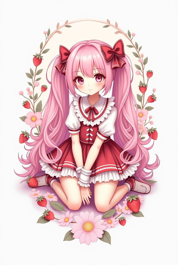 Create a small logo of a store called "Lulumu Store" with white colors, rosa , red, black and has a sexy girl dressed as a lolita with pastel pink hair and strawberries drawn around it 