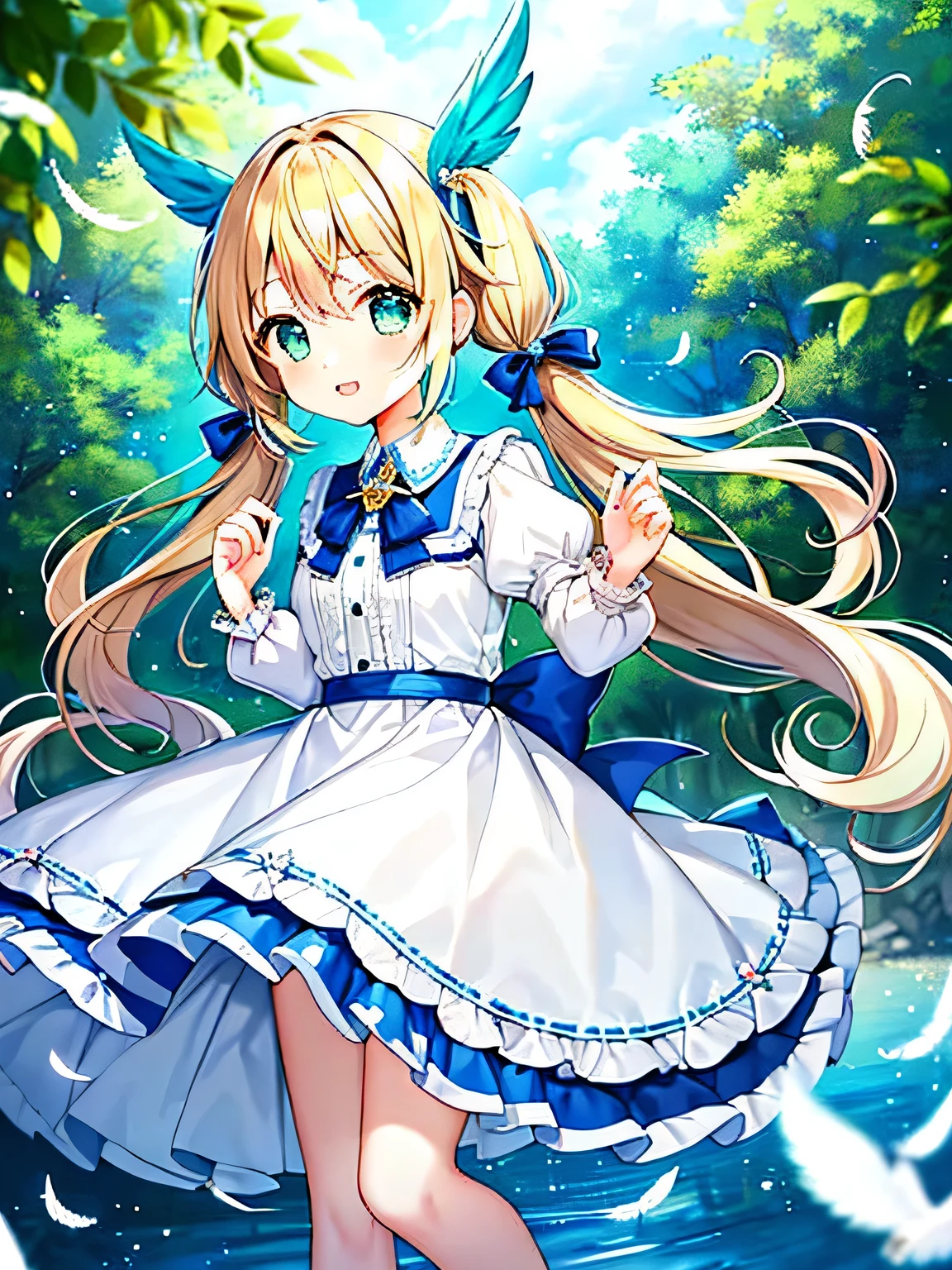 girl、cute、One person、Hand on heart、Yellow Hair、Twin tails、White dress、Deep emerald green eyes、White feathers flying in the air、Wearing a blue ribbon、Girl