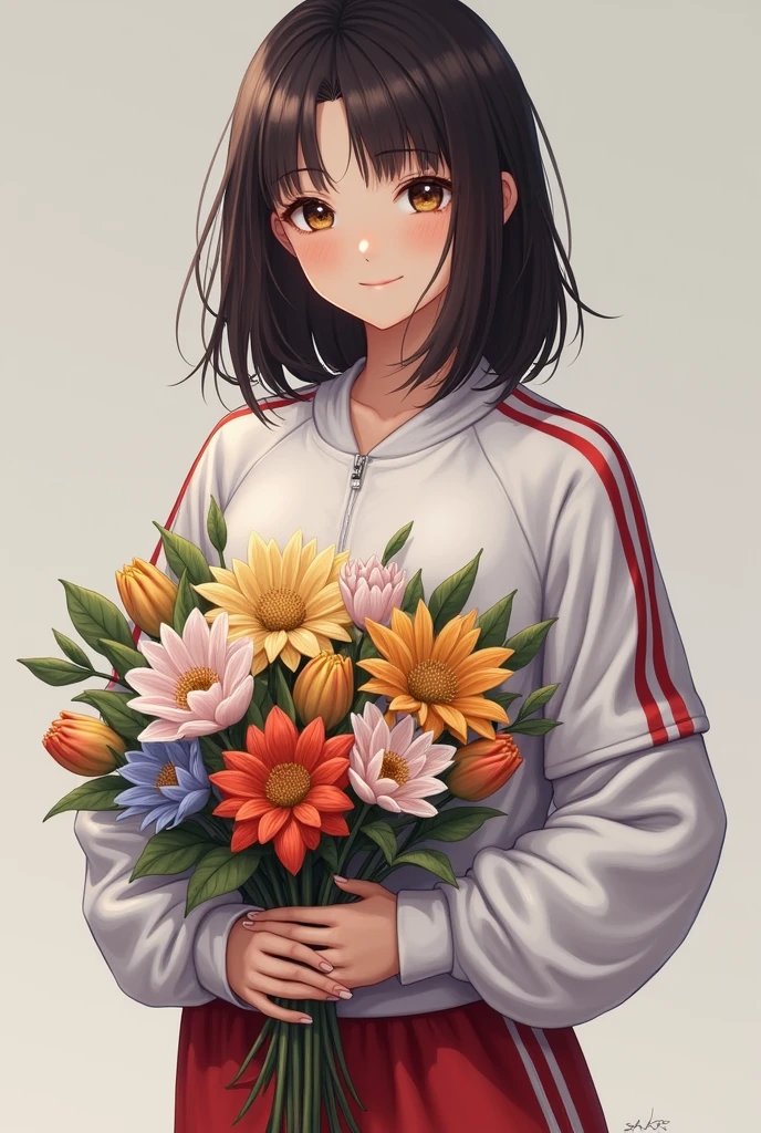a real girl whose face cannot be seen with shoulder-length hair holding a bouquet of flowers in sportswear
