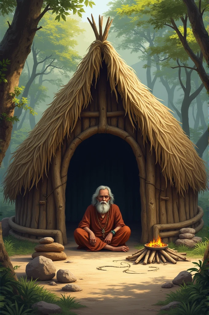 *साधू बाबा की झोपड़ी**: एक साधारण तिनके की झोपड़ी, जिसमें साधू बाबा बैठे हों।