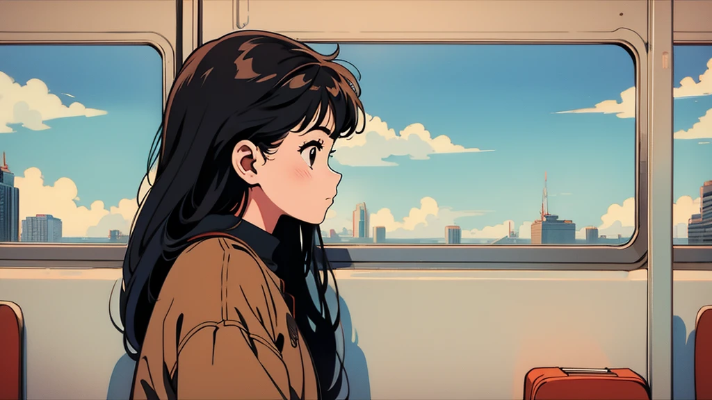 A girl on a train, staring out the window as the city passes by, with a peaceful, introspective mood.