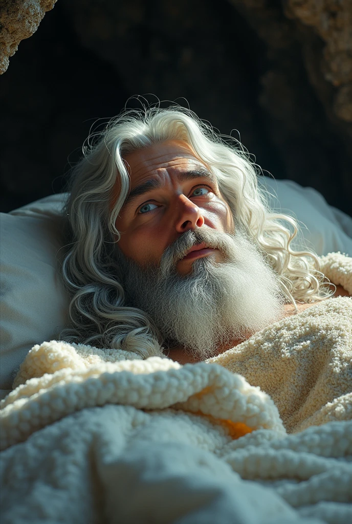 Make a man with long white hair and beard lying on a bed with his eyes open, in a cave, but only showing his face, leave the quality in the style of a 70's fantasy book cover