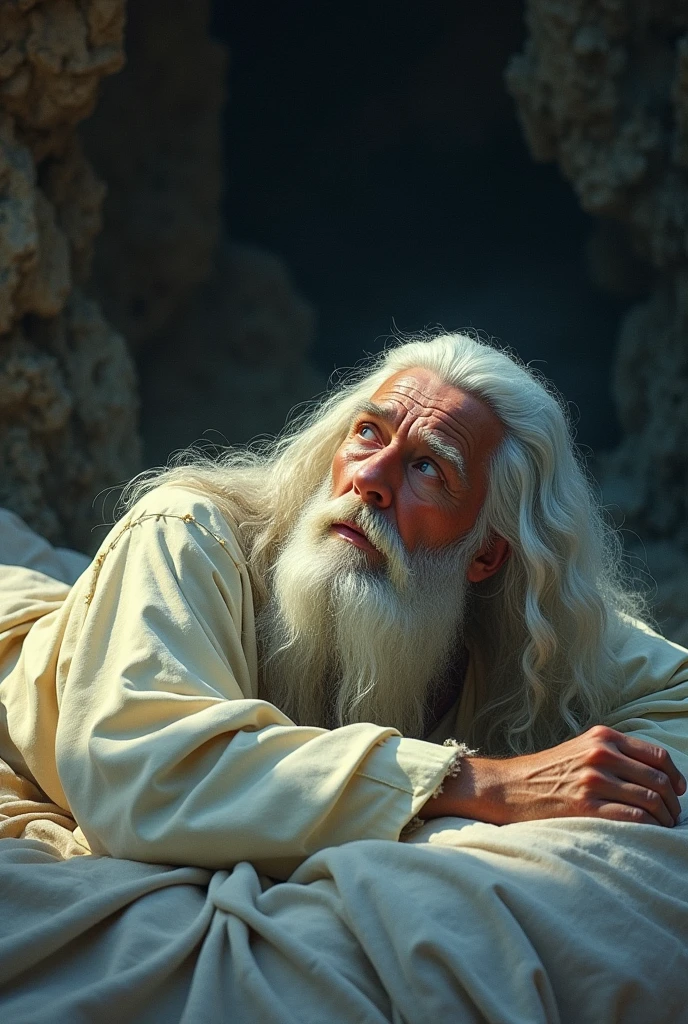 Make a man with long white hair and beard lying on a bed with his eyes open, in a cave, but only showing his face, leave the quality in the style of a 70's fantasy book cover