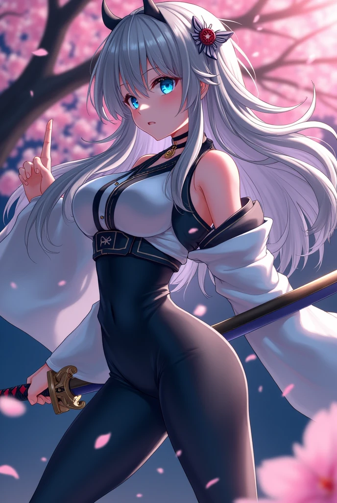 ((((Awakening)))),(((Highest quality))),((((Aura overflowing)))),(shape),(Dynamic Angle), ((Oriental Project)),((Disheveled Hair)), (((A slim body))),(((Use your sword skills))), ((girl wearing black tights)), (((View from the front))),((Beautifully detailed body)),((Shoulders are exposed)),(((Mysterious and sparkling blue eyes)))Gray Hair,((long hair with stripes)), Beautiful attention to detail,(Gradient color eyes),(((Delicate eyes))), (((background))),(((High saturation))),(((konpaku youmu))),(((In front of the cherry blossoms at night))