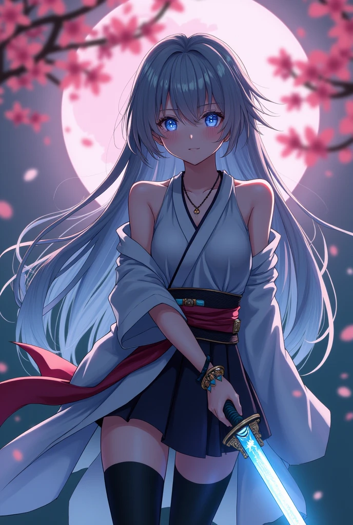 ((((Awakening)))),(((Highest quality))),((((Aura overflowing)))),(shape),(Dynamic Angle), ((Oriental Project)),((Disheveled Hair)), (((A slim body))),(((Use your sword skills))), ((girl wearing black tights)), (((View from the front))),((Beautifully detailed body)),((Shoulders are exposed)),(((Mysterious and sparkling blue eyes)))Gray Hair,((long hair with stripes)), Beautiful attention to detail,(Gradient color eyes),(((Delicate eyes))), (((background))),(((High saturation))),(((konpaku youmu))),(((In front of the cherry blossoms at night))