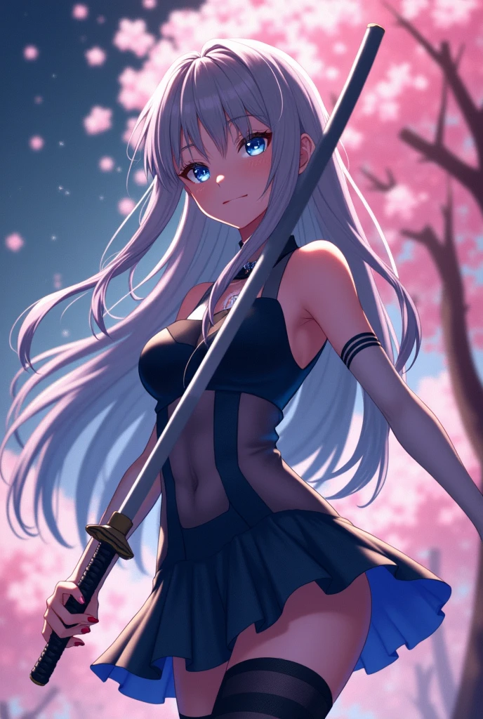 ((((Awakening)))),(((Highest quality))),((((Aura overflowing)))),(shape),(Dynamic Angle), ((Oriental Project)),((Disheveled Hair)), (((A slim body))),(((Use your sword skills))), ((girl wearing black tights)), (((View from the front))),((Beautifully detailed body)),((Shoulders are exposed)),(((Mysterious and sparkling blue eyes)))Gray Hair,((long hair with stripes)), Beautiful attention to detail,(Gradient color eyes),(((Delicate eyes))), (((background))),(((High saturation))),(((konpaku youmu))),(((In front of the cherry blossoms at night))