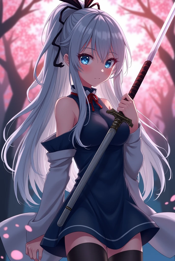 ((((Awakening)))),(((Highest quality))),((((Aura overflowing)))),(shape),(Dynamic Angle), ((Oriental Project)),((Disheveled Hair)), (((A slim body))),(((Use your sword skills))), ((girl wearing black tights)), (((View from the front))),((Beautifully detailed body)),((Shoulders are exposed)),(((Mysterious and sparkling blue eyes)))Gray Hair,((long hair with stripes)), Beautiful attention to detail,(Gradient color eyes),(((Delicate eyes))), (((background))),(((High saturation))),(((konpaku youmu))),(((In front of the cherry blossoms at night))