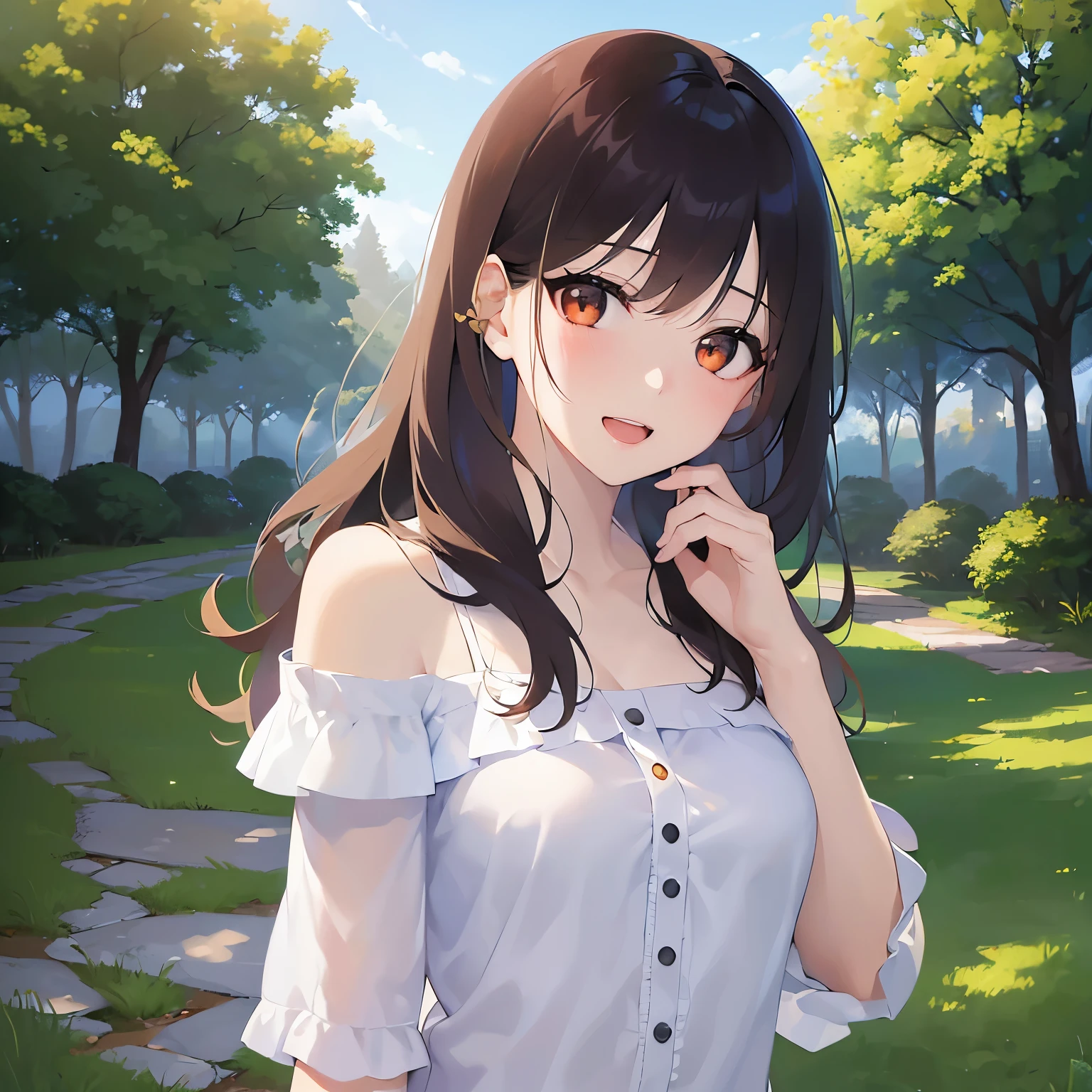 (looking at viewer:1.5)Upper Body, Hands over eyes、
Realistic, real person, (pale skin: 1.2), RAW photo, photorealistic, shiny skin, shiny hair、
(A 25-year-old woman with medium-length hair and bangs) and (wavy hair) and (brown hair) and (orange eyes),
(white) and (off shoulder blouse),
(tearful:1.2),smile,open mouth,park,grass、blue sky、(alone:1.5)
