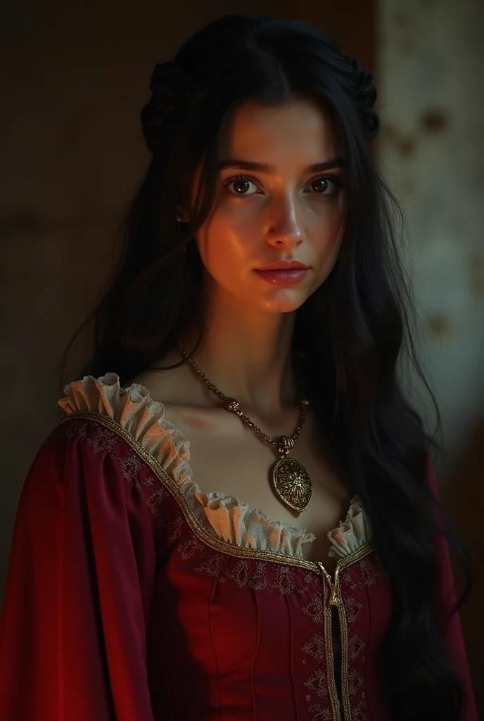 young teenage maiden girl, (((16-year-old young woman))), lean and tall for her young age, pale skin, flushed complexion, long waist-length black hair, and distinct dark brown eyes that look black, wearing a regal medieval dress, resembles Lilly Aspell, beautiful, candlelight in a medieval setting, Ultra sharp focus, Realistic footage, medieval women's clothing, tetradic colors