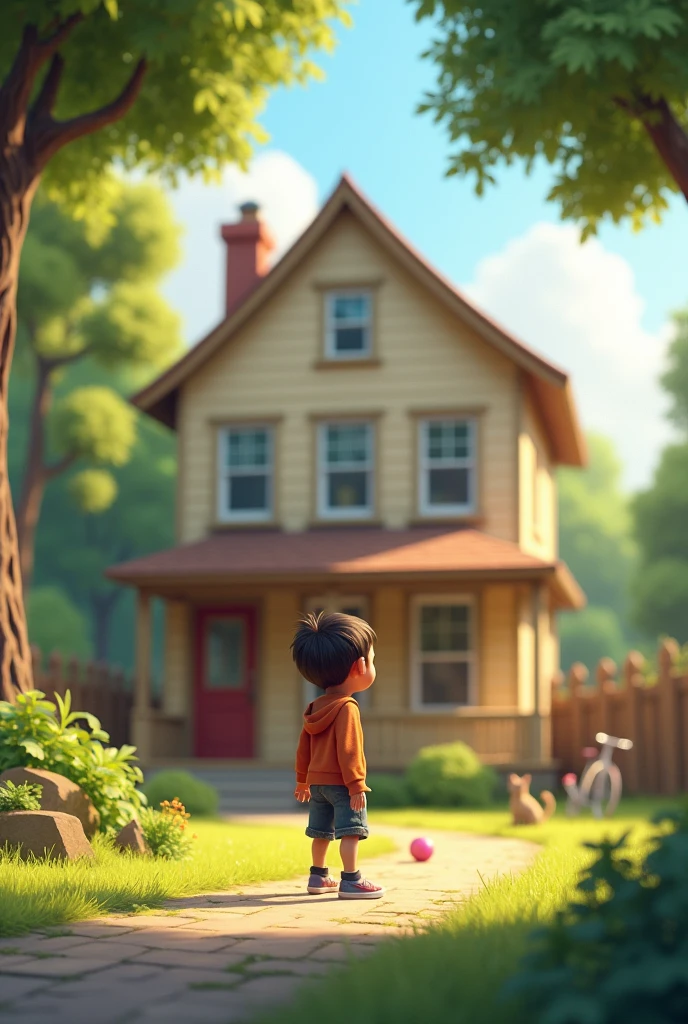 A boy standing outside the house