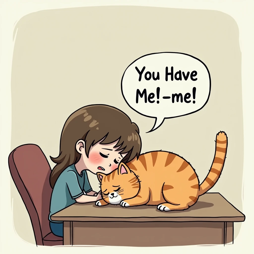 A woman falls down on her desk and cries, The cat is comforting her by putting his hand on her head and his talking bubble says "You Have Me!me!"